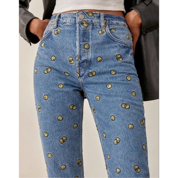 Reformation Mixed Emotions High Rise Straight Jean Smile Face Blue Denim 25 - Picture 1 of 13